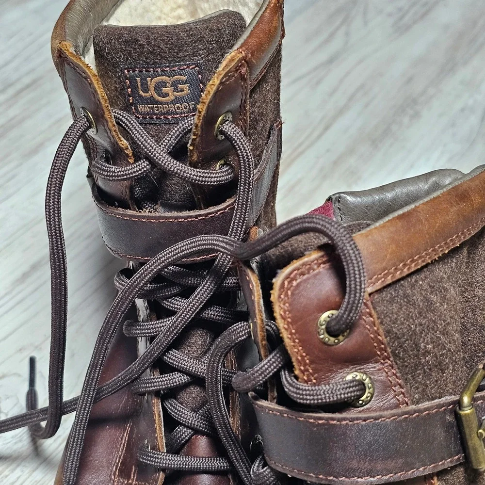 UGG Waterproof Brown Leather Wool Lined Boots Men's 9.5 Zip Lace Up Combat Style